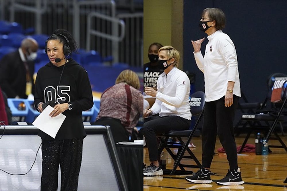South Carolina head coach Dawn Staley (left) and Stanford head coach Tara VanDerveer (right) coach from the sidelines. The two coaches have a long history of playing each other as both coaches and players.
