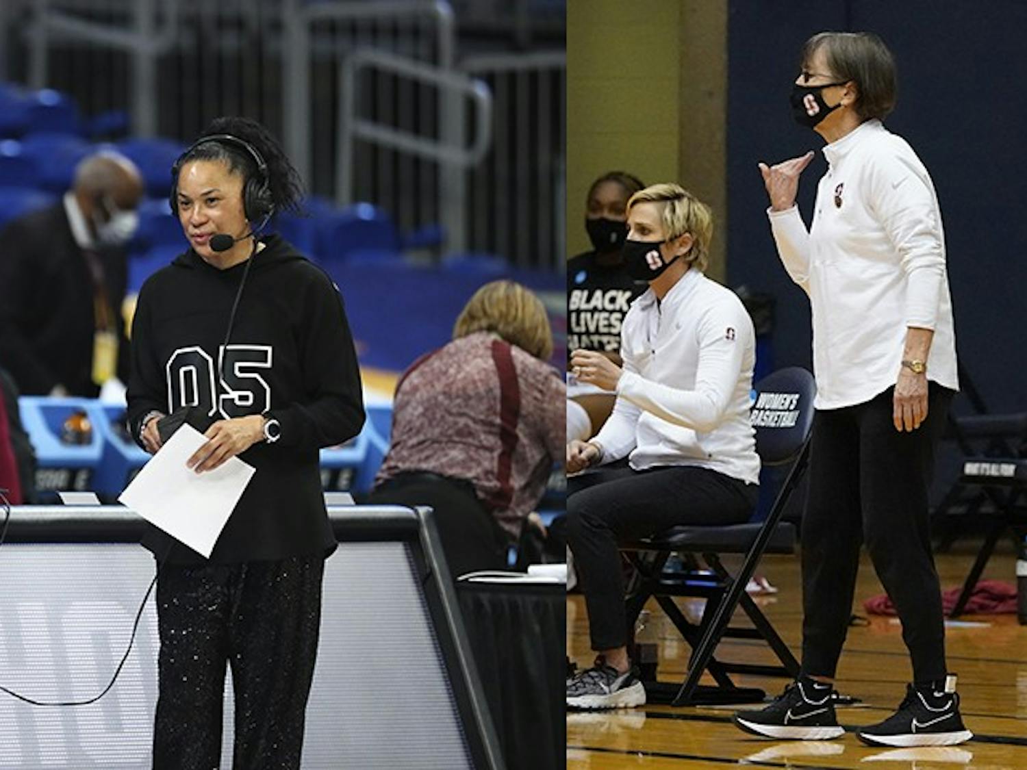 South Carolina head coach Dawn Staley (left) and Stanford head coach Tara VanDerveer (right) coach from the sidelines. The two coaches have a long history of playing each other as both coaches and players.