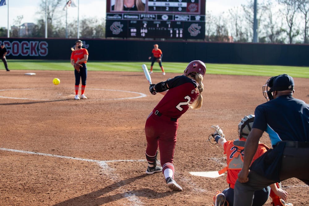 <p>FILE — Senior infielder Ella Chancey hits a shot down the third-base line on Feb. 7, 2025. Chancey started all 57 games for Charlotte in her junior season.</p>