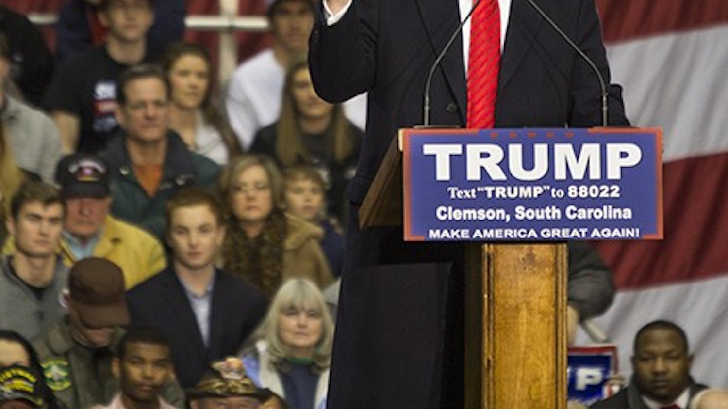 Presidential hopeful Donald J. Trump addresses economic concerns and answers audience questions at the T. Ed Garrison Arena in Clemson, South Carolina.