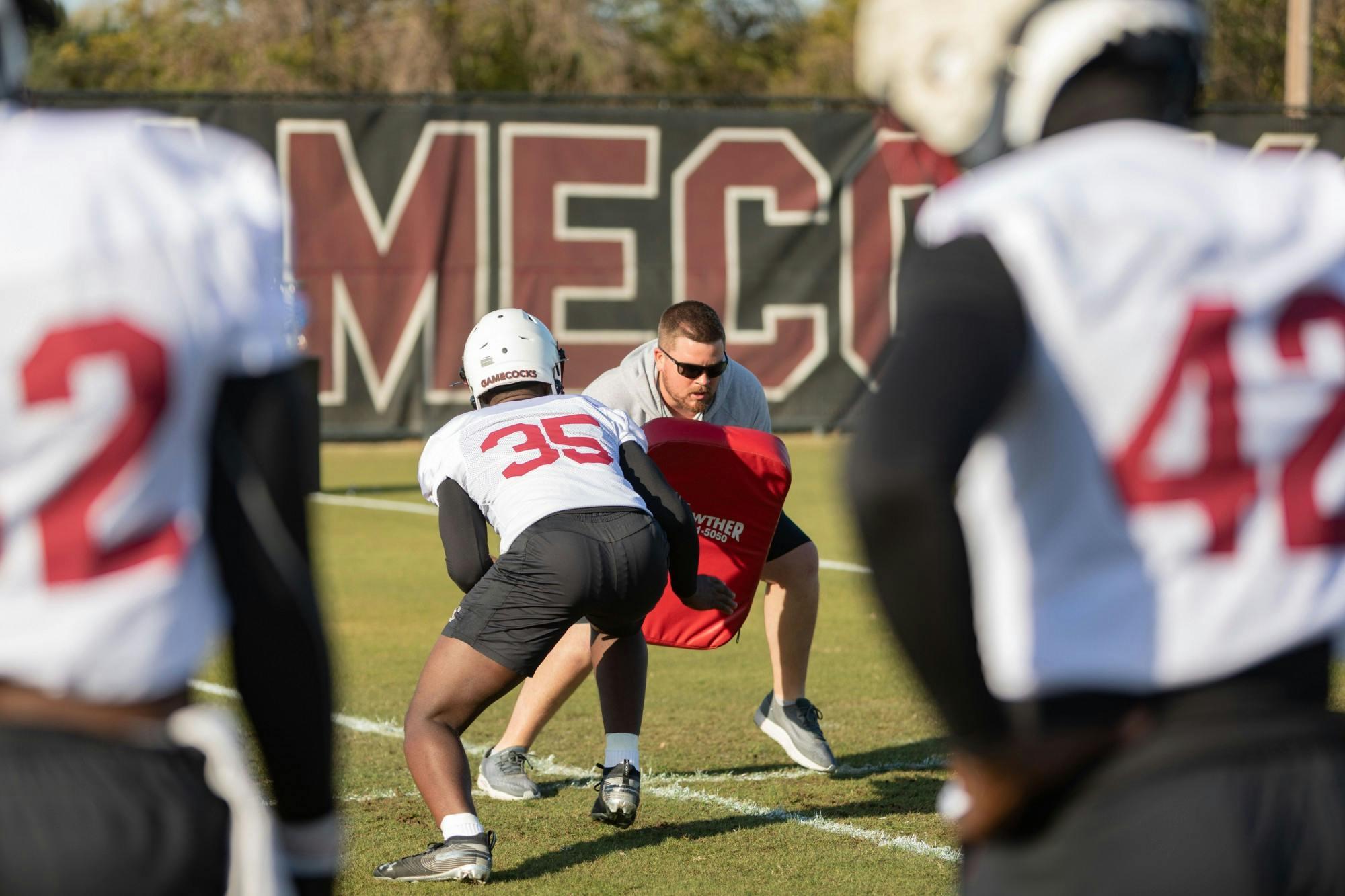 FILE— The SC football team goes over defensive drills during a spring practice on Tuesday, March 15, 2022. &nbsp;