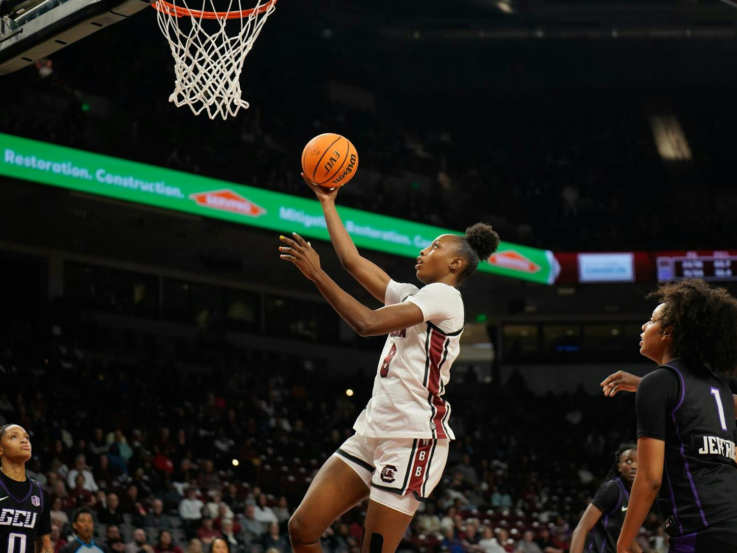 Sophomore forward Joyce Edwards lays the ball up in the Gamecocks' matchup against Grand Canyon University at Colonial Life Arena on Nov. 3, 2025. Edwards was selected into the All-SEC First Team in 2025.