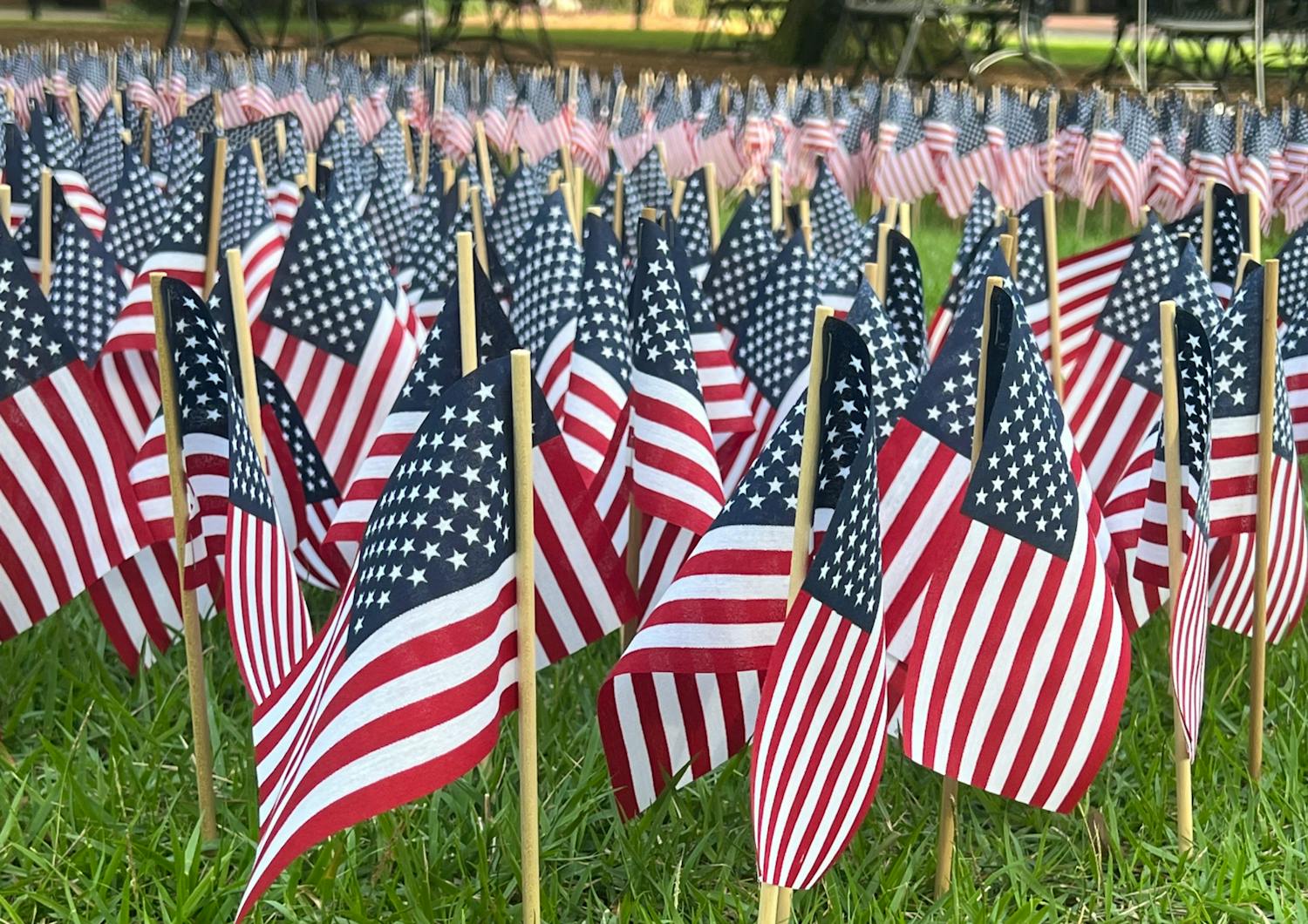 Flags sit across the grass on the 21st anniversary of 9/11 on Sept. 11, 2022 at the Columbia Metropolitan Convention Center. The 9/11 Remembrance Foundation of South Carolina invited guests and veterans to speak in memoriam of the lives lost in relation to the tragedy.