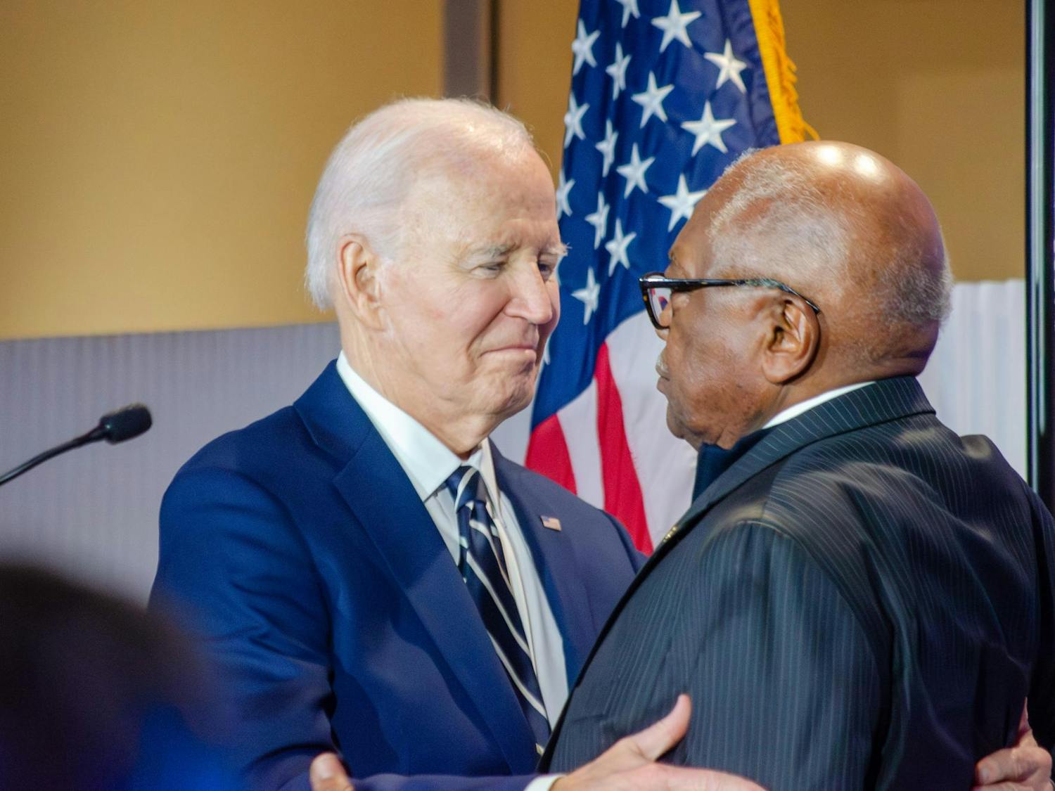 Former President Joe Biden holds U.S. Representative Jim Clyburn after they embraced at an event honoring the former president at the Columbia Museum of Art at 1515 Main St., Columbia, South Carolina, Feb. 27, 2026. Biden and Clyburn have long been political allies and friends, and Clyburn’s endorsement of Biden in the 2020 primary is often cited as a reason he won the state.