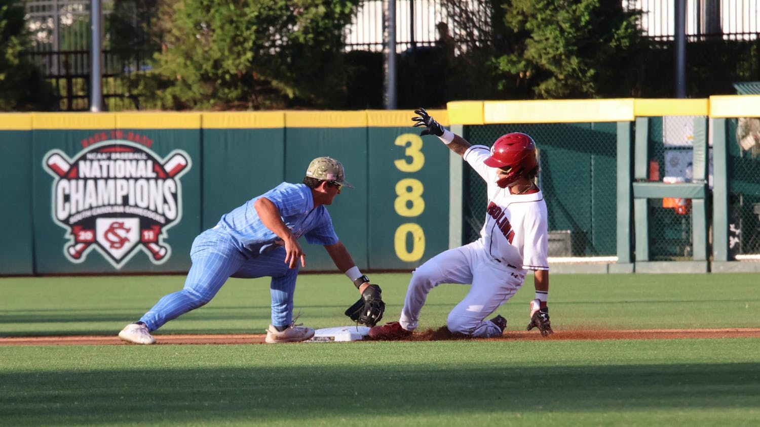 Senior infielder Jordan Carrion slides safely into second base on April 15, 2024, during South Carolina's game against The Citadel at Founders Park. The Gamecocks defeated the Bulldogs 4-0, preparing for its series against Ole Miss at home starting on April 17.