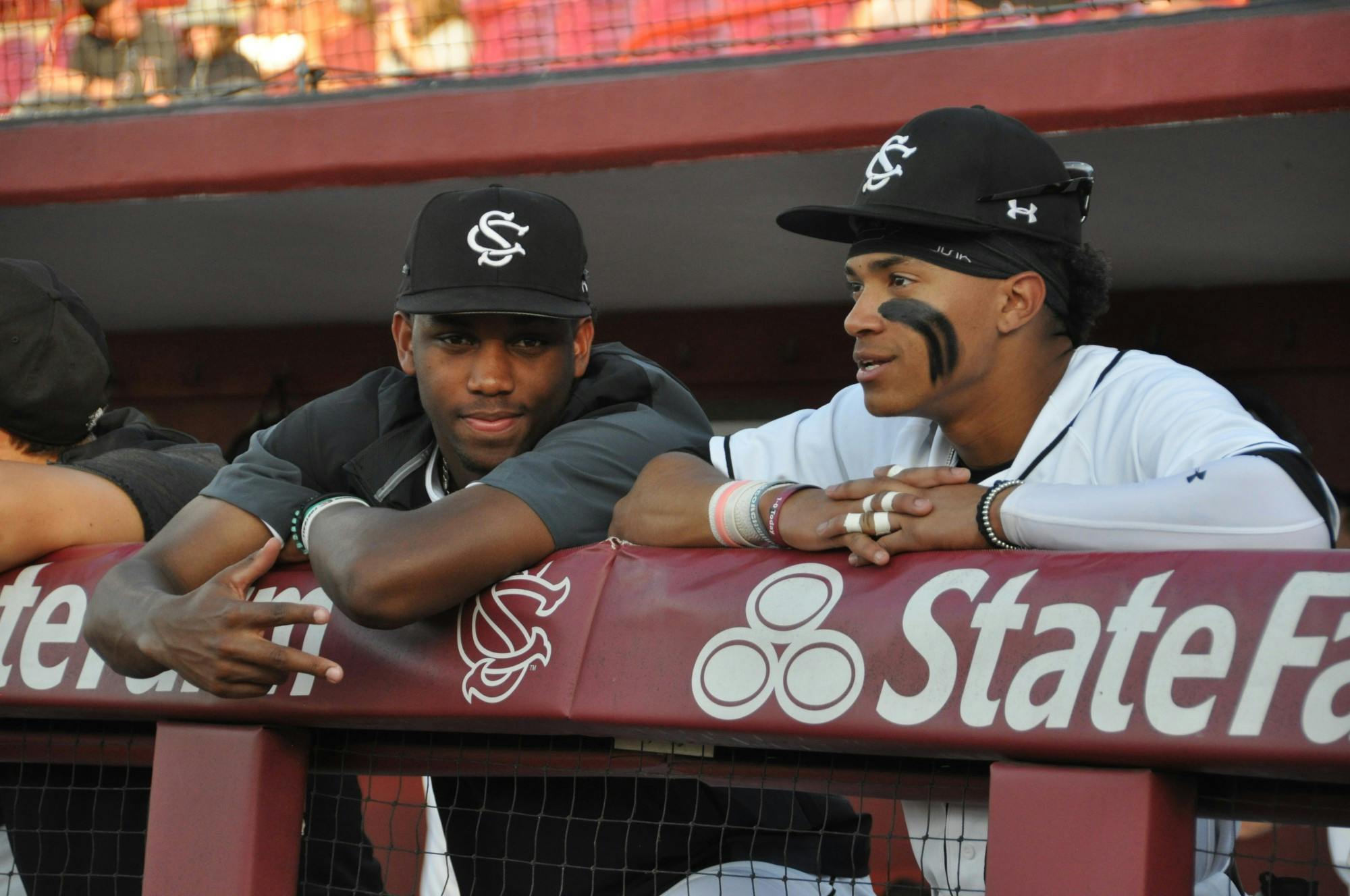 FILE—Freshman outfielder Thad Ector and sophomore infielder Jalen Vasquez prepare to face North Florida during a game on April 12, 2022.&nbsp;