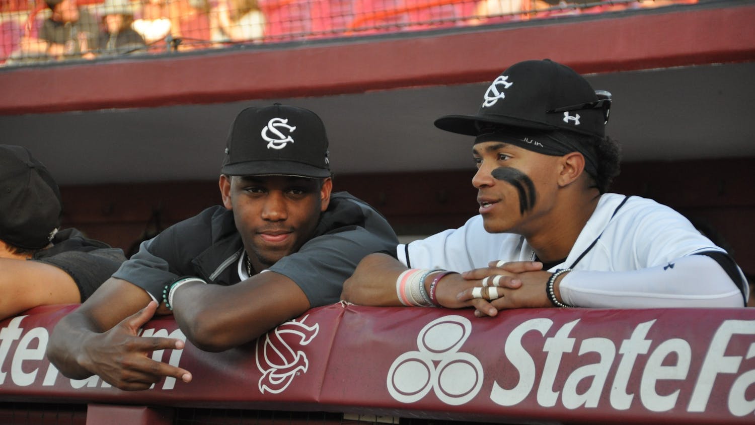 FILE—Freshman outfielder Thad Ector and sophomore infielder Jalen Vasquez prepare to face North Florida during a game on April 12, 2022.&nbsp;
