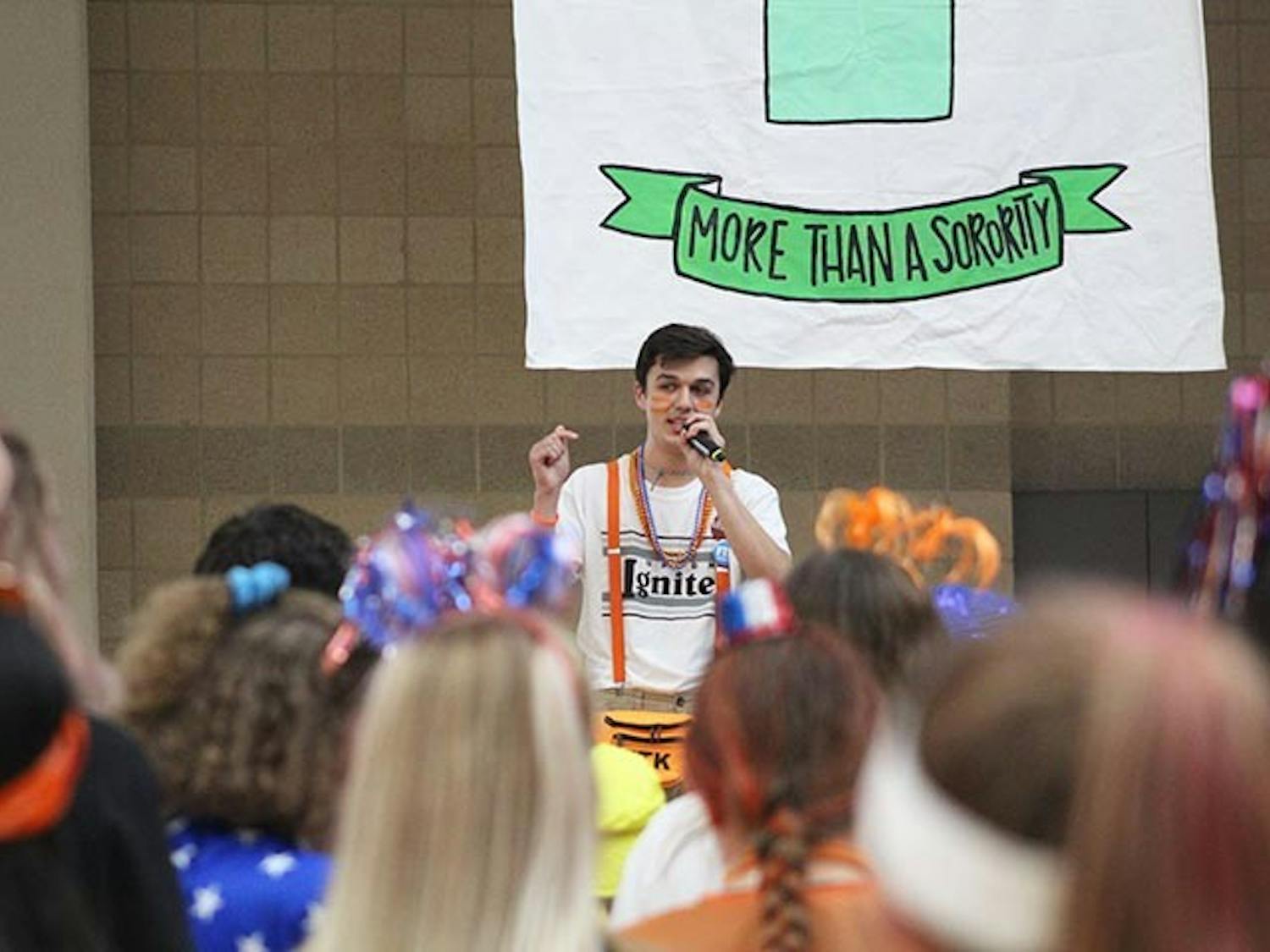 First-year economics student Seth Hajzus shares his experience with crowd at Dance Marathon and speaks about the families that he has met through working with the organization.&nbsp;
