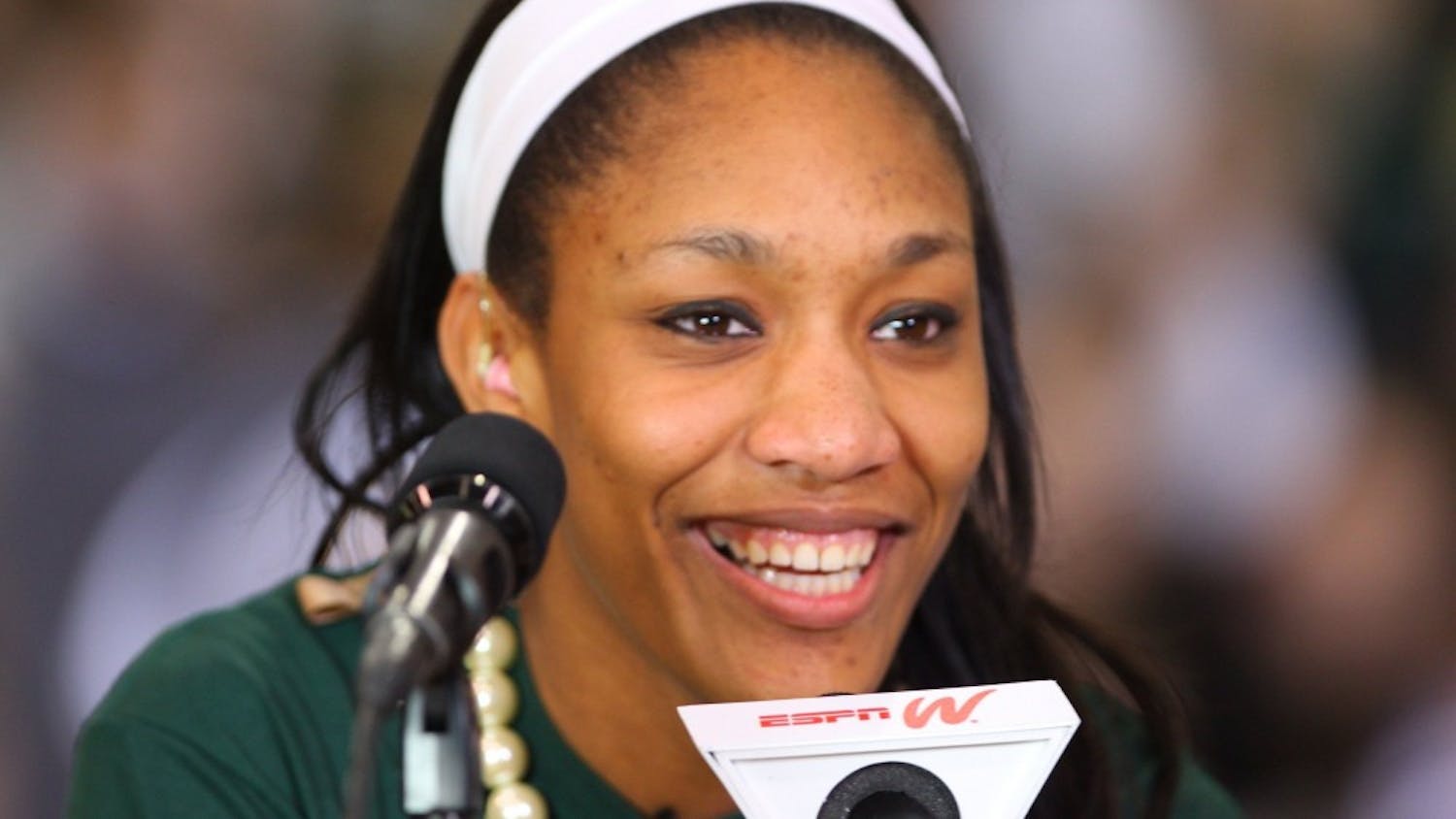 Top national prospect A'ja Wilson concluded a year of heavy recruiting with a few simple words. "I will be attending the University of South Carolina," she said on Wednesday, April 16, 2014. Wilson pledged to USC at Heathwood Hall Episcopal School, surrounded by family and friends who loudly applauded as she once again flashed her familiar smile. Telling the decision to ESPNU simultaneously, Wilson didn't pause for any dramatics, knowing that the past year where she kept her thinking to herself had been dramatic enough. (Tracy Glantz/The State/MCT)