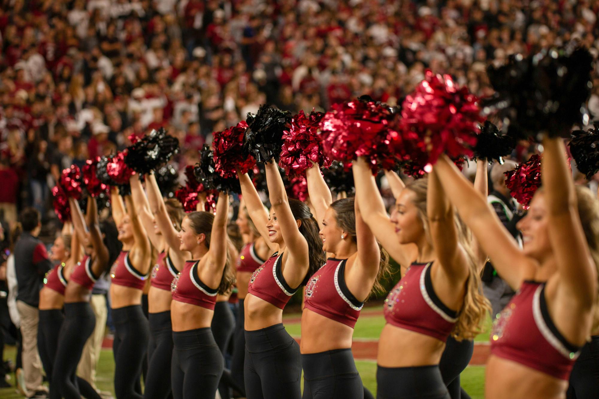 Gamecock cheerleaders cheer on their home team during a game against the S.C. State Bulldogs on Sept. 29, 2022. The Gamecocks defeated SC State 50-10.
