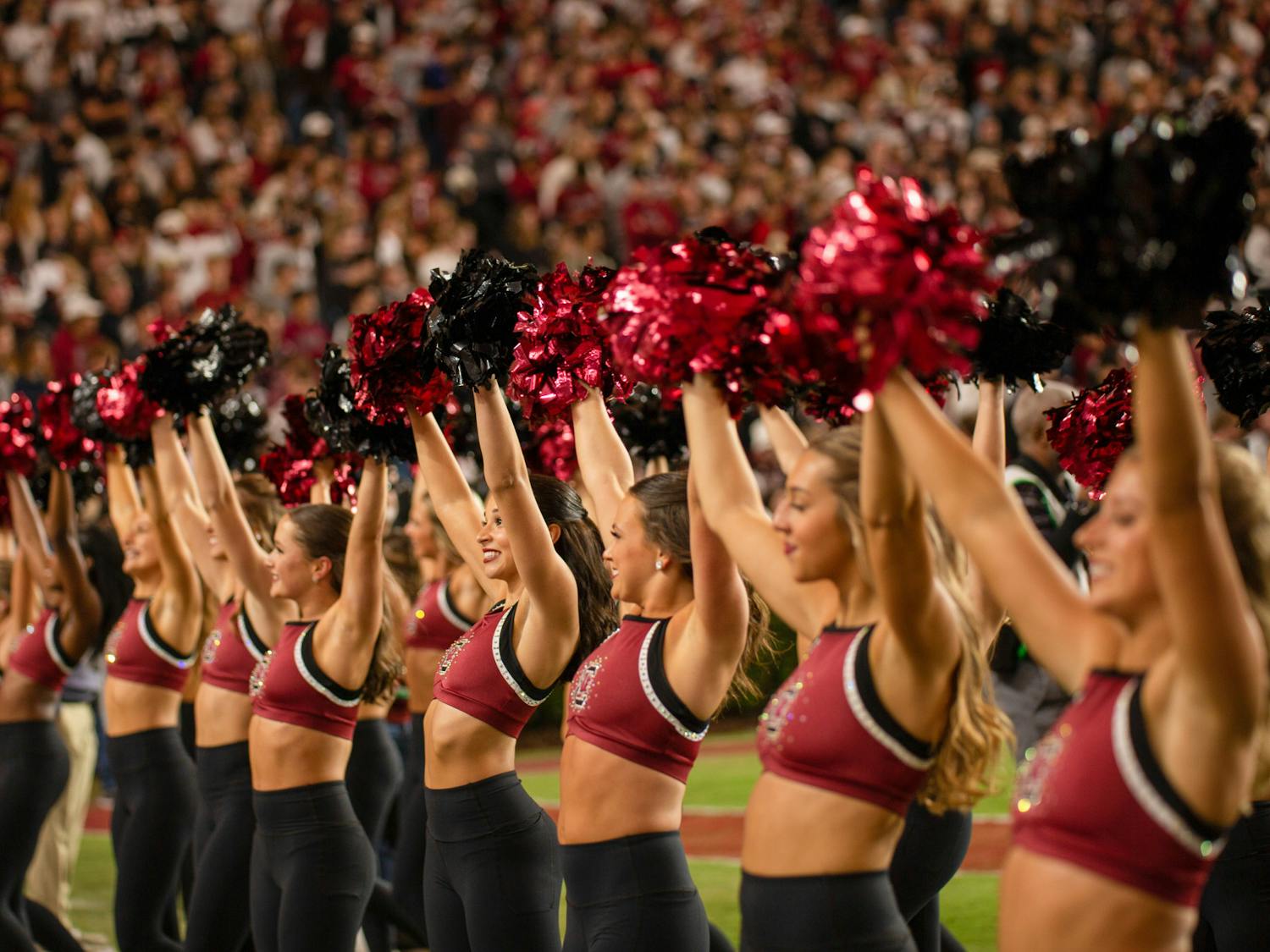 Gamecock cheerleaders cheer on their home team during a game against the S.C. State Bulldogs on Sept. 29, 2022. The Gamecocks defeated SC State 50-10.
