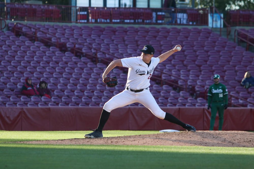 <p>Junior left-handed pitcher Hudson Lee starts to pitch a baseball against Charlotte on March 17, 2026, at Founders Park.</p>