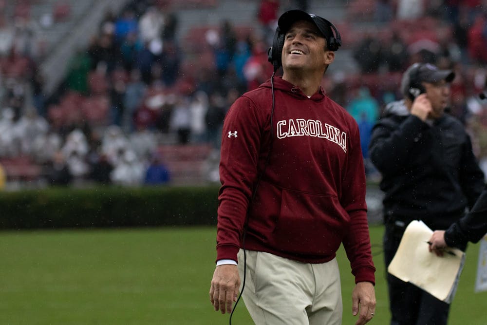 <p>FILE — Head coach Shane Beamer smiles on the sidelines during South Carolina's game against Vanderbilt on Nov. 11, 2023, at Williams-Brice Stadium. The Gamecocks defeated the Commodores 47-6.</p>