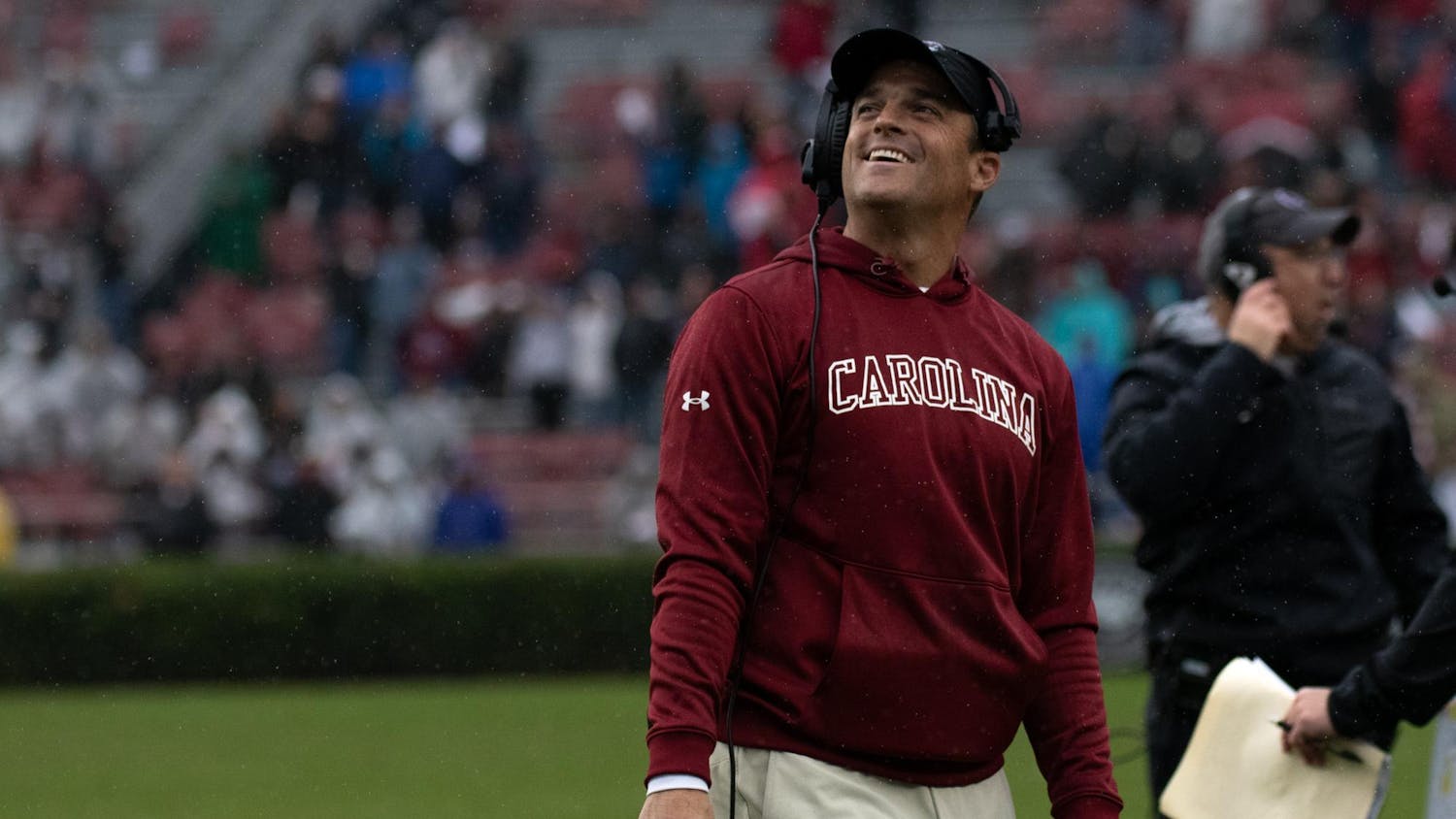 FILE — Head coach Shane Beamer smiles on the sidelines during South Carolina's game against Vanderbilt on Nov. 11, 2023, at Williams-Brice Stadium. The Gamecocks defeated the Commodores 47-6.