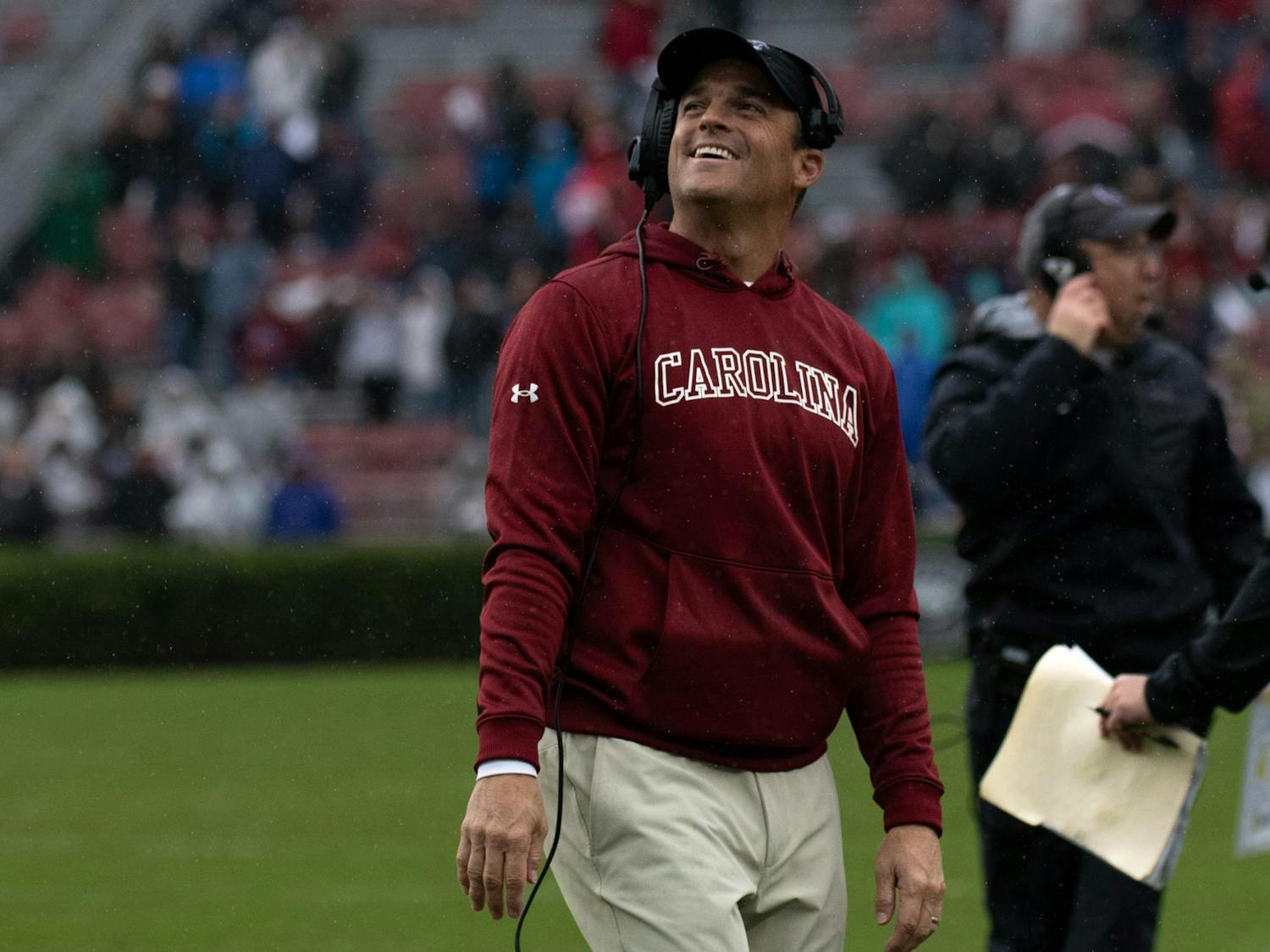 FILE — Head coach Shane Beamer smiles on the sidelines during South Carolina's game against Vanderbilt on Nov. 11, 2023, at Williams-Brice Stadium. The Gamecocks defeated the Commodores 47-6.