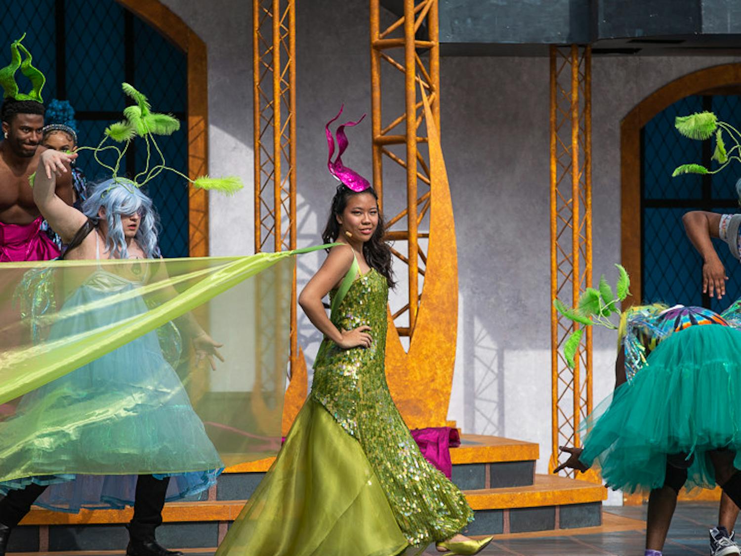 Titania, portrayed by fourth-year hospitality and tourism student Zoe Chan, walks across the stage during the beginning of "A Midsummer Night's Dream" on Oct. 9, 2022. USC Department of Theatre and Dance held the play from October 2 to 9, 2022. 