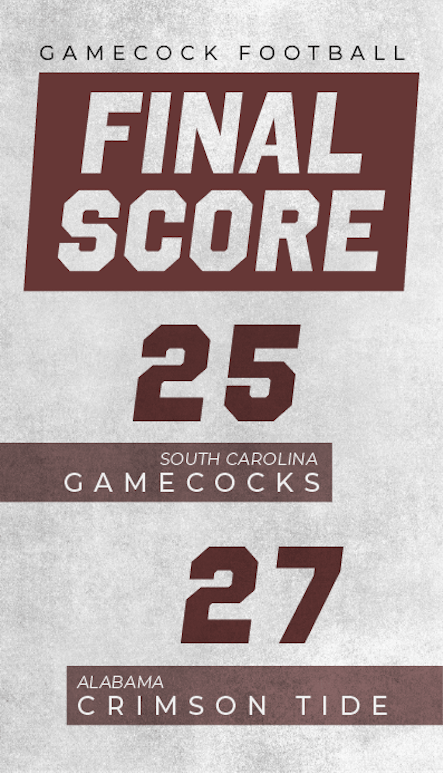 A graphic of the final score between South Carolina football and Alabama reads "South Carolina Gamecocks, 25" and "Alabama Crimson Tide, 27".