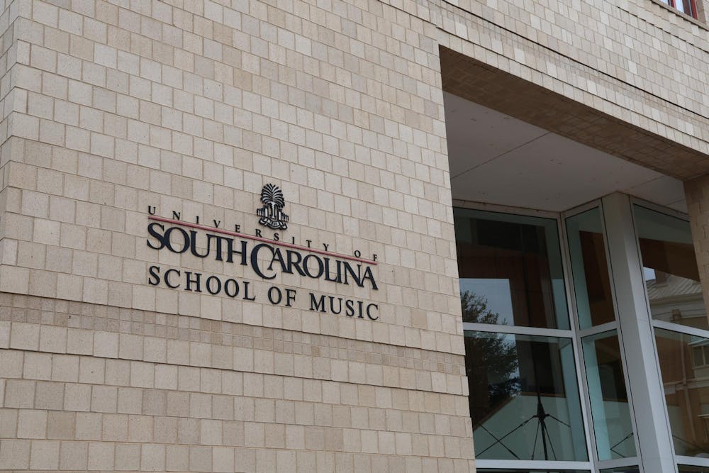 <p>The front entrance to the University of South Carolina School of Music in Columbia, South Carolina, on Sept. 12, 2024. The School of Music is celebrating the 100th year of music education at USC over the next year, offering performances, events and information about the school's history.</p>