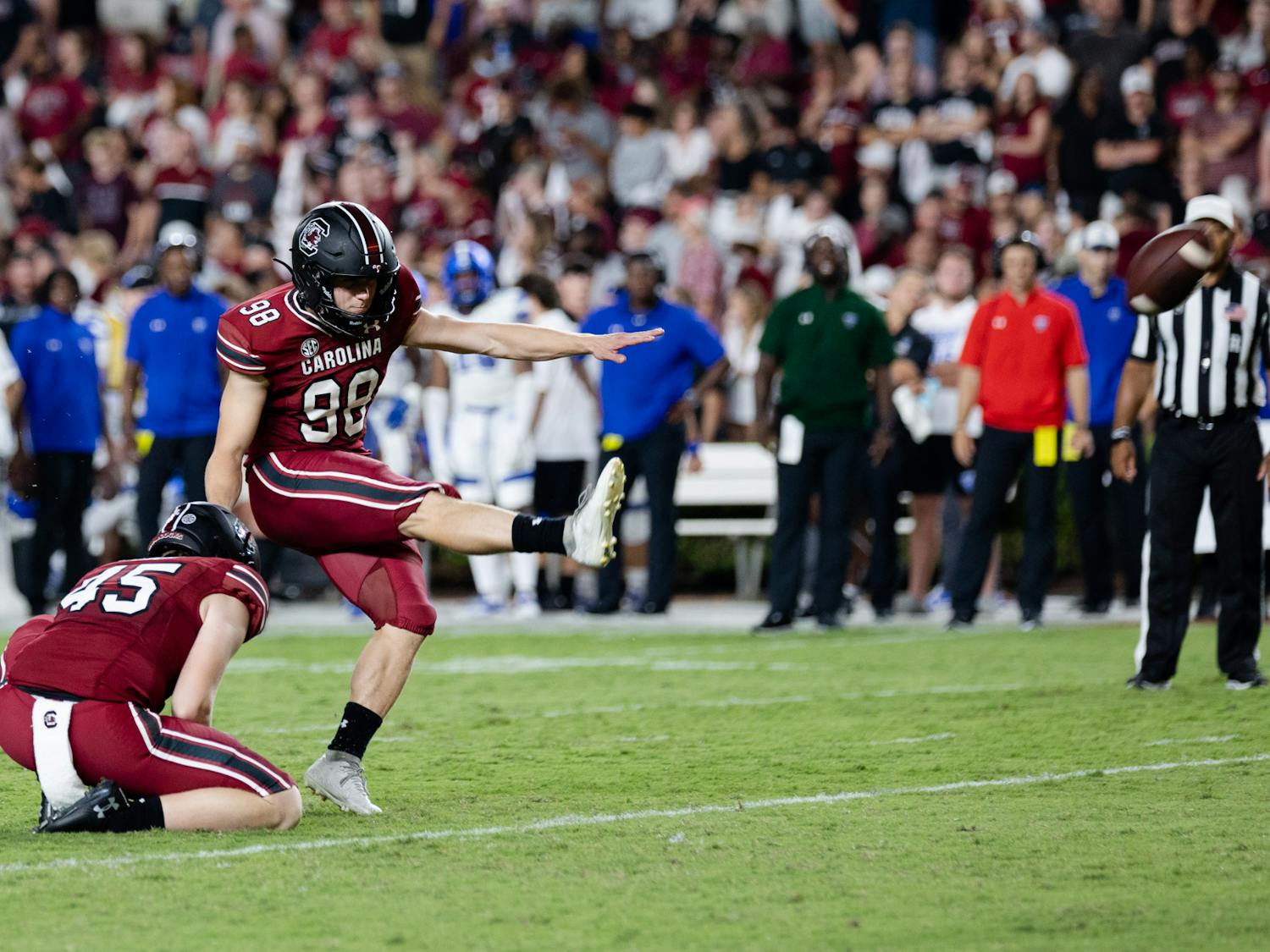 Junior kicker Mitch Jeter makes a field goal during a game against Georgia State on Sept. 3, 2022. The Gamecocks won 35-14.