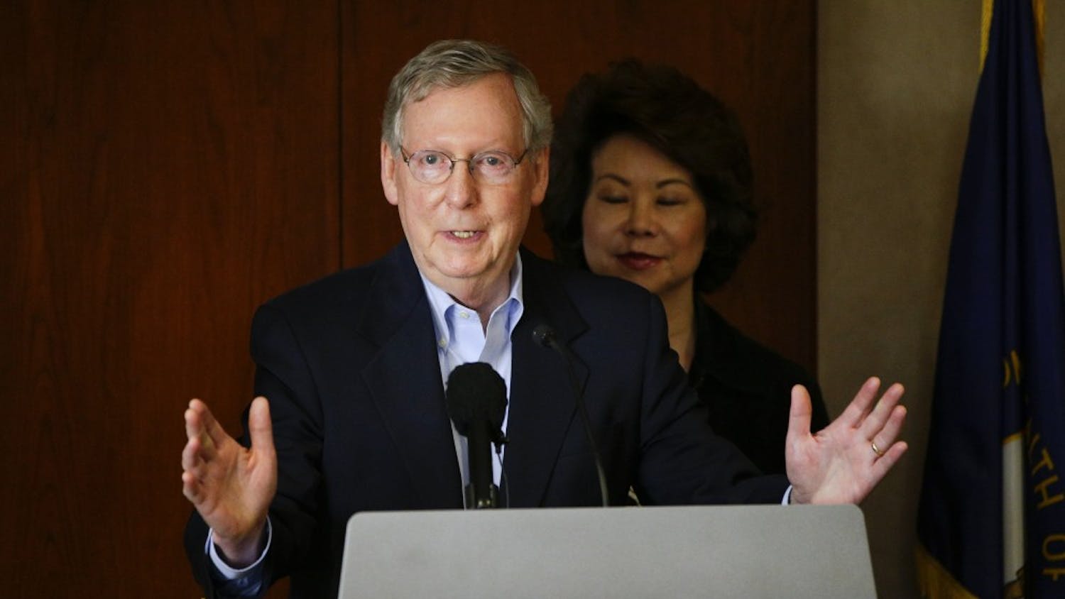 Sen. Mitch McConnell (R-Ky.) and his wife Elaine Chao visit TAC Air on Monday, May 20, 2014, in Lexington, Ky. (Mark Cornelison/Lexington Herald-Leader/MCT)