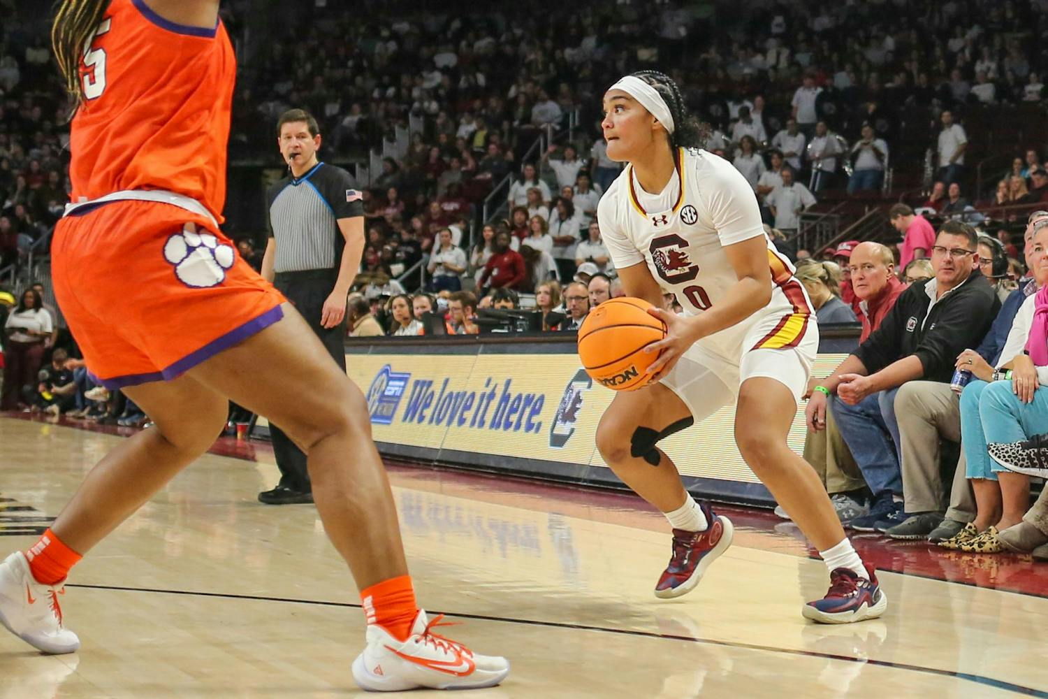 FILE — Senior guard Te-Hina Paopao looks across the court during the South Carolina women's basketball game against Clemson on Nov. 16, 2023. The Gamecocks beat the Tigers 109-40 at Colonial Life Arena.