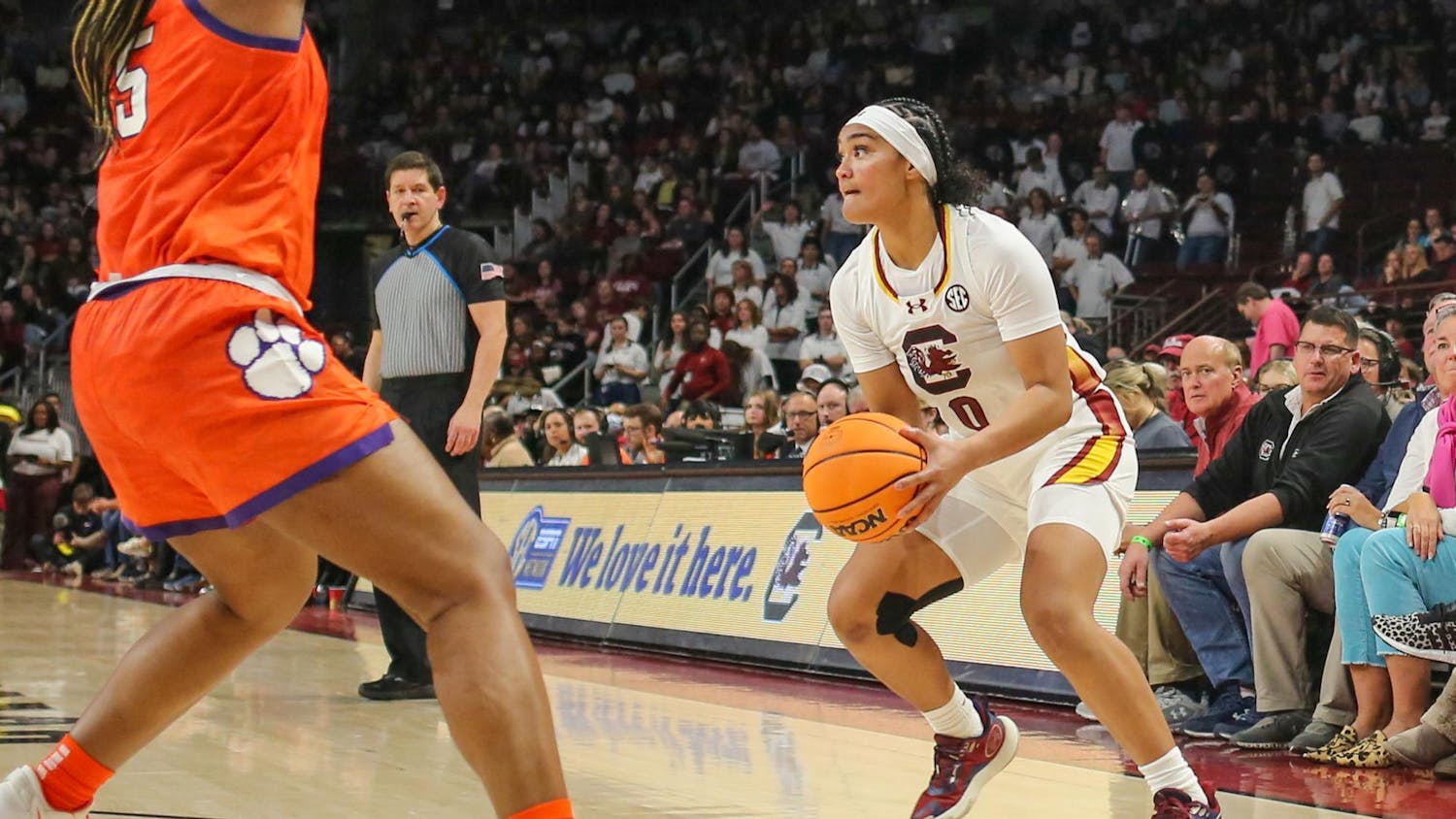 FILE — Senior guard Te-Hina Paopao looks across the court during the South Carolina women's basketball game against Clemson on Nov. 16, 2023. The Gamecocks beat the Tigers 109-40 at Colonial Life Arena.