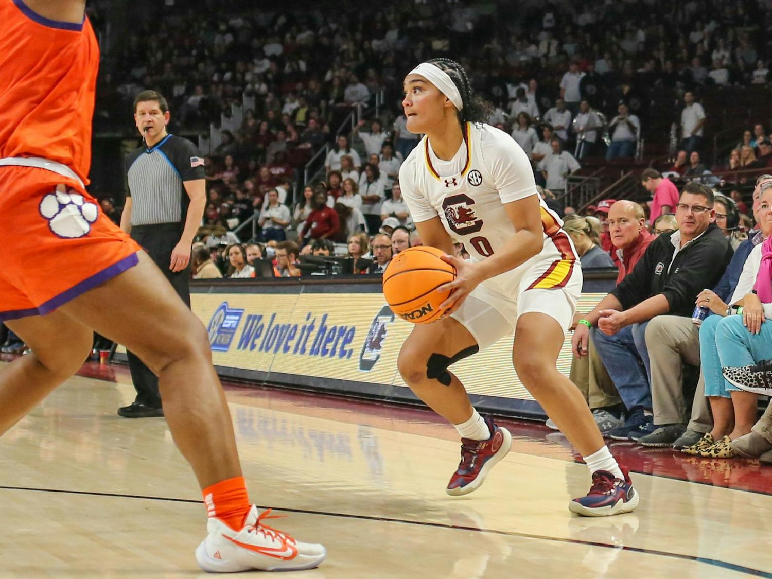 FILE — Senior guard Te-Hina Paopao looks across the court during the South Carolina women's basketball game against Clemson on Nov. 16, 2023. The Gamecocks beat the Tigers 109-40 at Colonial Life Arena.