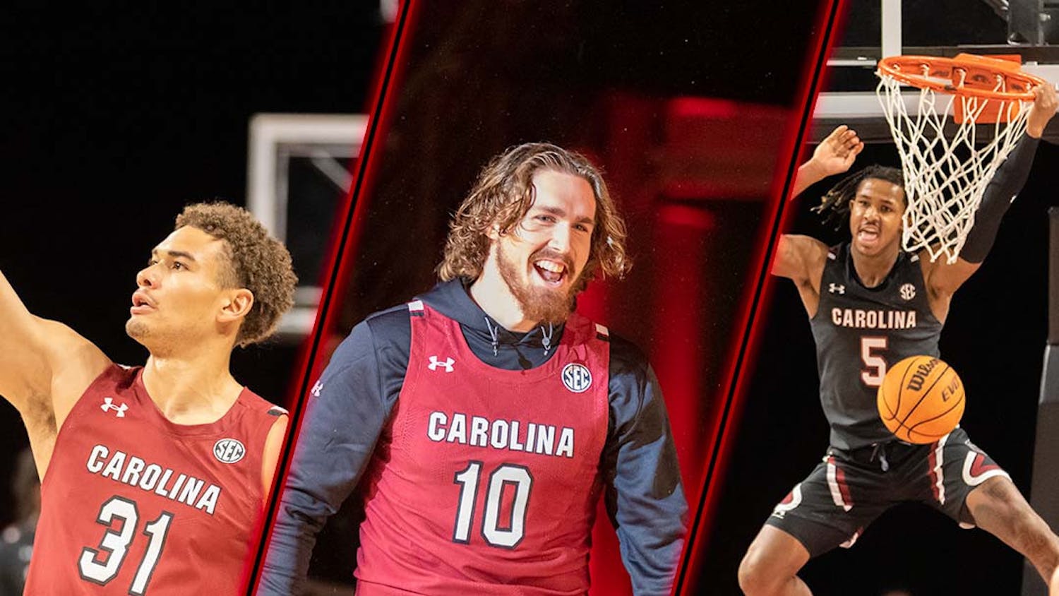 Collage of new Gamecocks basketball transfer players redshirt junior forward Benjamin Bosmans-Verdonk, graduate student forward Hayden Brown and junior guard Meechie Johnson.