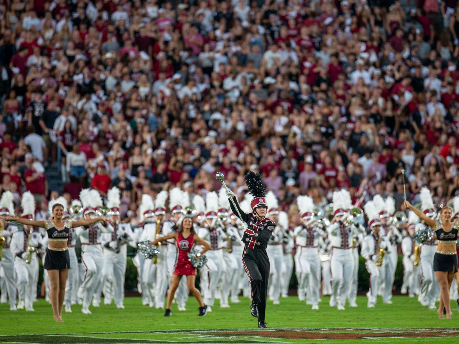 The University of South Carolina marching band, the Mighty Sound of the Southeast, perform during pregame ceremonies prior to the start of South Carolina's game against Akron on Sept. 21, 2024. The Carolina Band performs prior to every South Carolina home game.