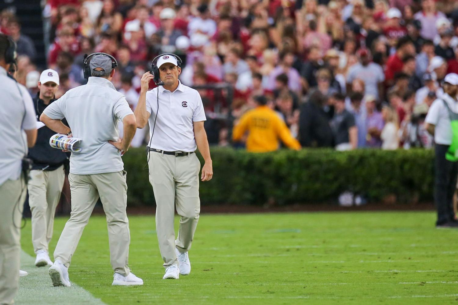 FILE — Head coach Shane Beamer walks the sideline during South Carolina’s game against Florida on Oct. 14, 2023, at Williams-Brice Stadium. The Gamecocks lost to the Gators 41-39.