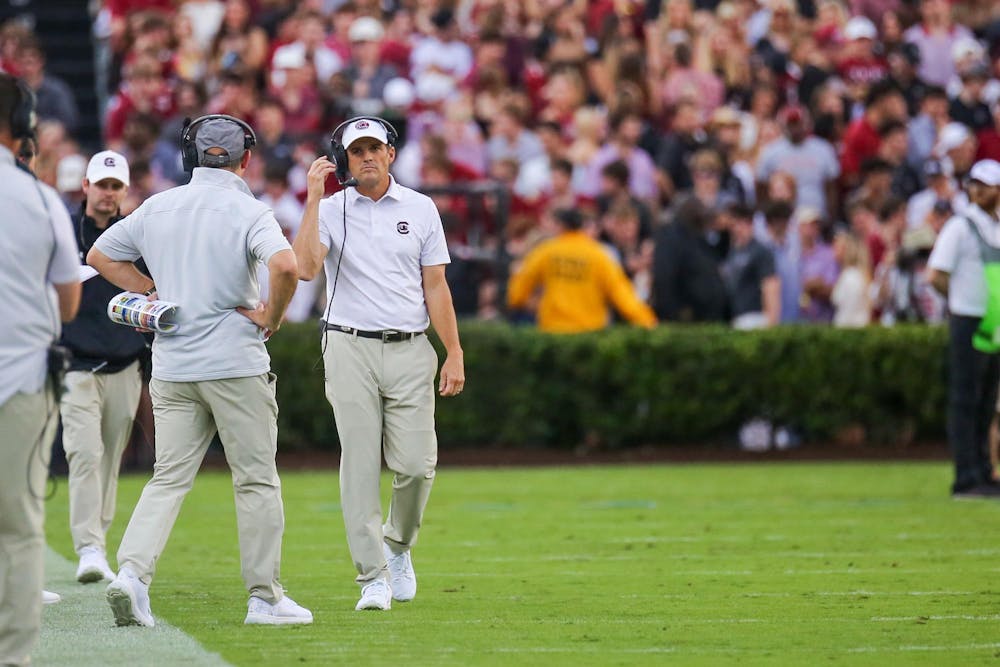 <p>FILE — Head coach Shane Beamer walks the sideline during South Carolina’s game against Florida on Oct. 14, 2023, at Williams-Brice Stadium. The Gamecocks lost to the Gators 41-39.</p>