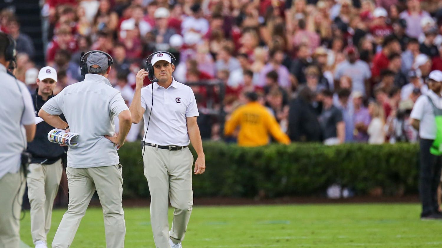 FILE — Head coach Shane Beamer walks the sideline during South Carolina’s game against Florida on Oct. 14, 2023, at Williams-Brice Stadium. The Gamecocks lost to the Gators 41-39.