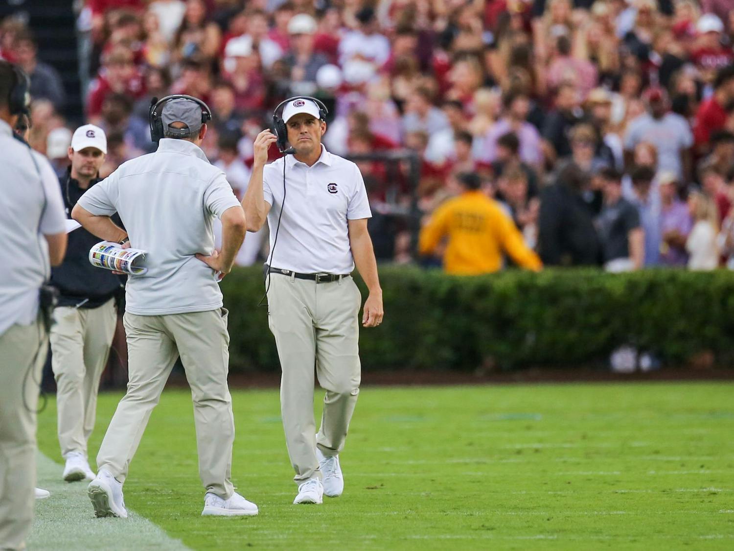 FILE — Head coach Shane Beamer walks the sideline during South Carolina’s game against Florida on Oct. 14, 2023, at Williams-Brice Stadium. The Gamecocks lost to the Gators 41-39.