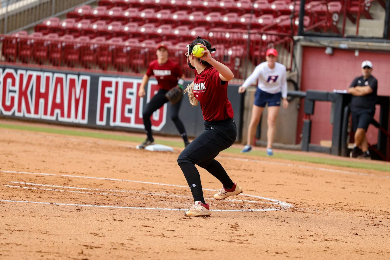 Junior utility/pitcher Skylar Trahan throws the ball to first base for an out during the exhibition game against 鶹С򽴫ý Aiken at Beckham Field on Oct. 9, 2022. The Gamecocks defeated the Pacers 7-0.