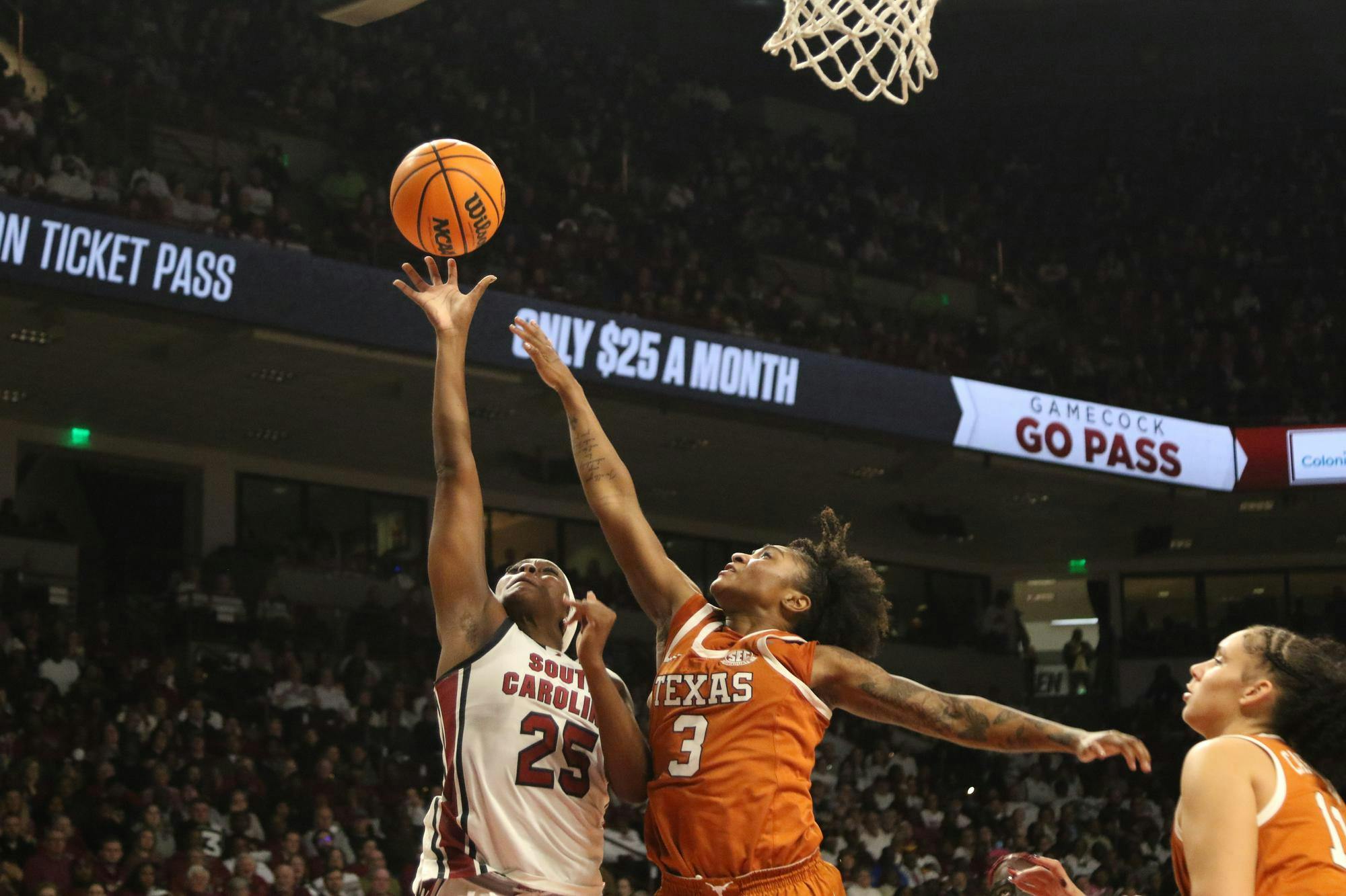 Senior guard Raven Johnson shoots a contested layup against the Texas Longhorns at Colonial Life Arena on Jan. 15, 2026. Johnson finished the game with 10 points to help the Gamecocks secure their 18th win of the season.