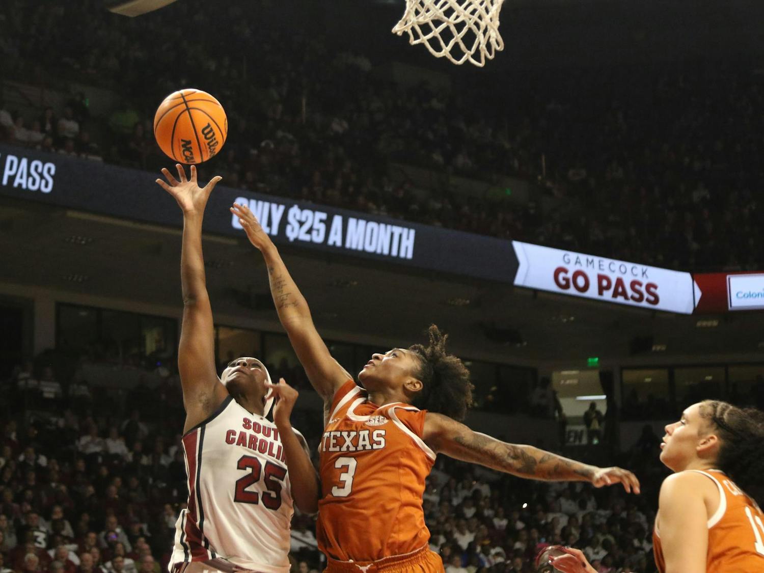Senior guard Raven Johnson shoots a contested layup against the Texas Longhorns at Colonial Life Arena on Jan. 15, 2026. Johnson finished the game with 10 points to help the Gamecocks secure their 18th win of the season.