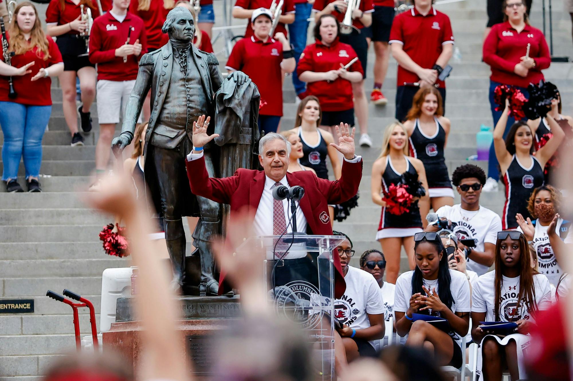 Interim President Harris Pastides welcomes the crowd on April 13, 2022, after a parade in honor of the Women’s Basketball team. 