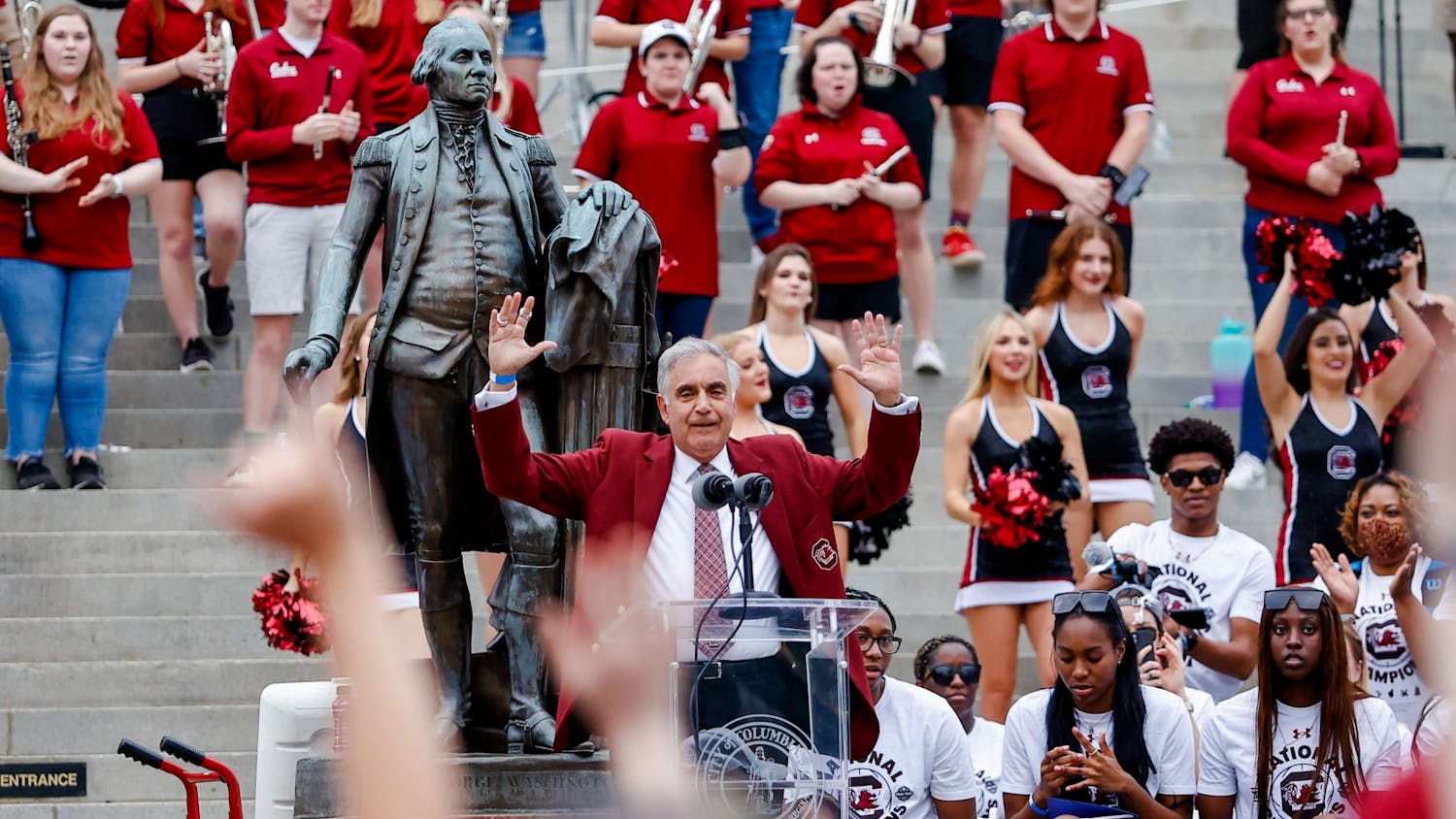Interim President Harris Pastides welcomes the crowd on April 13, 2022, after a parade in honor of the Women’s Basketball team. 