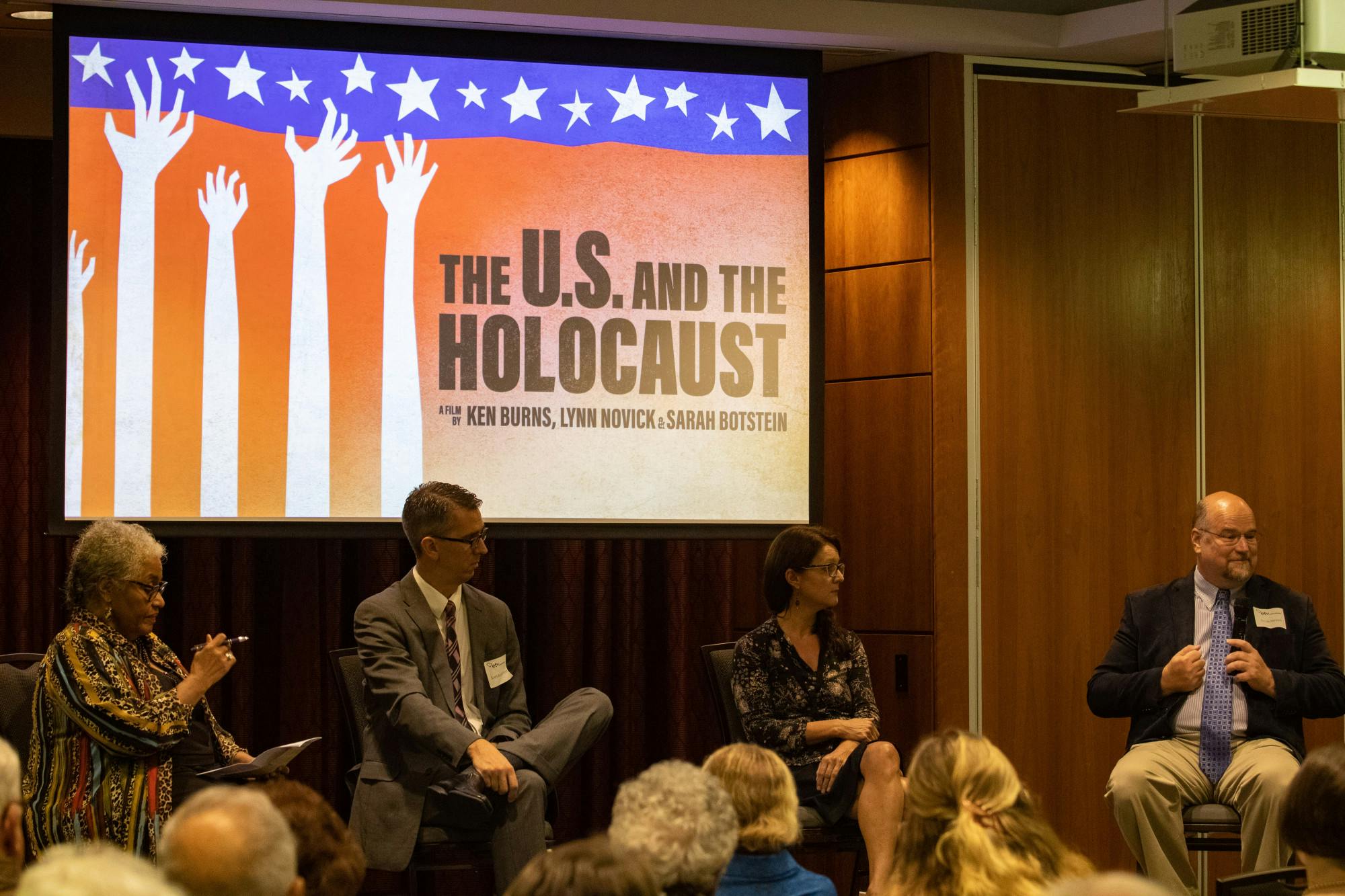 S.C. Council on the Holocaust board members Beryl Dakers, Scott Auspelmyer, Dr. Saskia Coenen Snyder and Dr. Doyle Stevick answer questions from the audience during The U.S. and The Holocaust panel on September 14, 2022. The series was directed by 16-time Emmy award-winning director, Ken Burns.&nbsp;