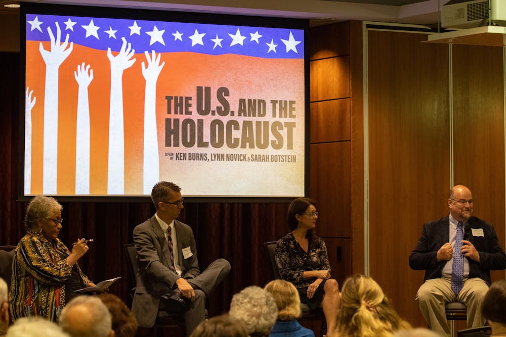 <p>S.C. Council on the Holocaust board members Beryl Dakers, Scott Auspelmyer, Dr. Saskia Coenen Snyder and Dr. Doyle Stevick answer questions from the audience during The U.S. and The Holocaust panel on September 14, 2022. The series was directed by 16-time Emmy award-winning director, Ken Burns.&nbsp;</p>