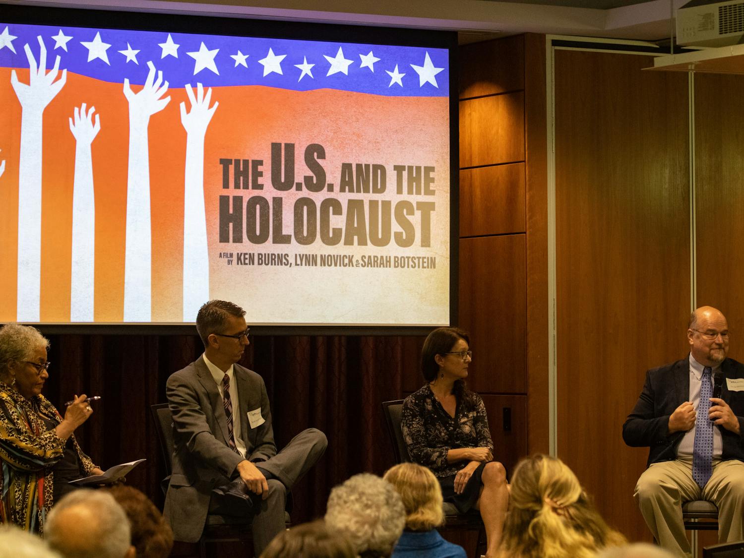 S.C. Council on the Holocaust board members Beryl Dakers, Scott Auspelmyer, Dr. Saskia Coenen Snyder and Dr. Doyle Stevick answer questions from the audience during The U.S. and The Holocaust panel on September 14, 2022. The series was directed by 16-time Emmy award-winning director, Ken Burns.&nbsp;