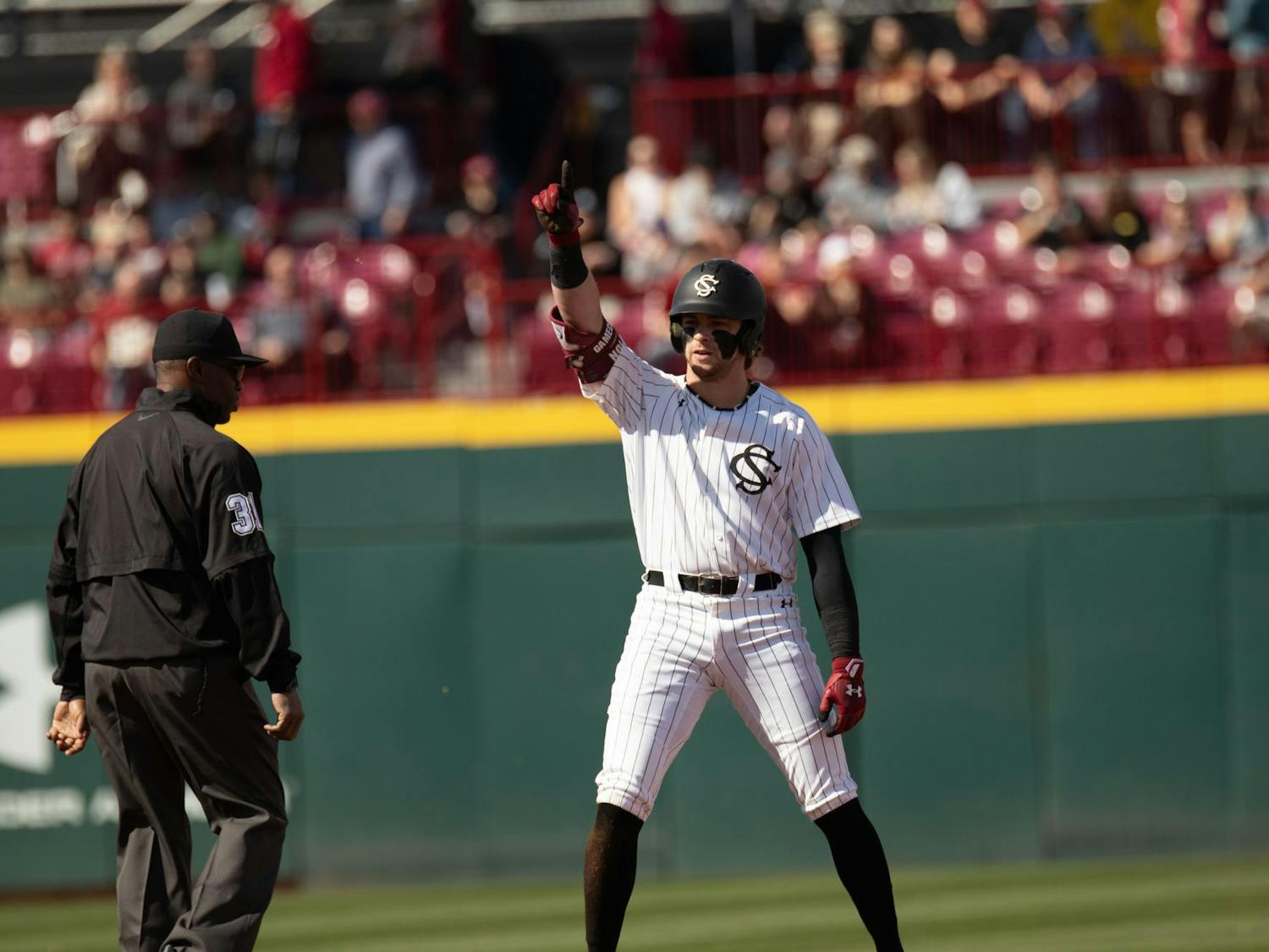 Fifth-year infielder Parker Noland points to the sky after hitting a double during South Carolina's game against Belmont on Feb. 24, 2024. Noland went 1-5 in at-bats during the Gamecocks' 11-2 loss to the Bruins.