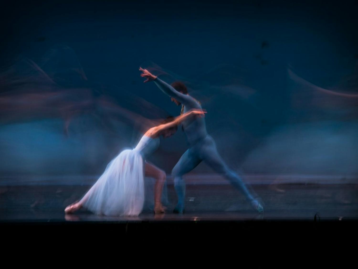 Long exposure of dancers performing “Serenade” during Ballet Stars of New York at the Township Auditorium.