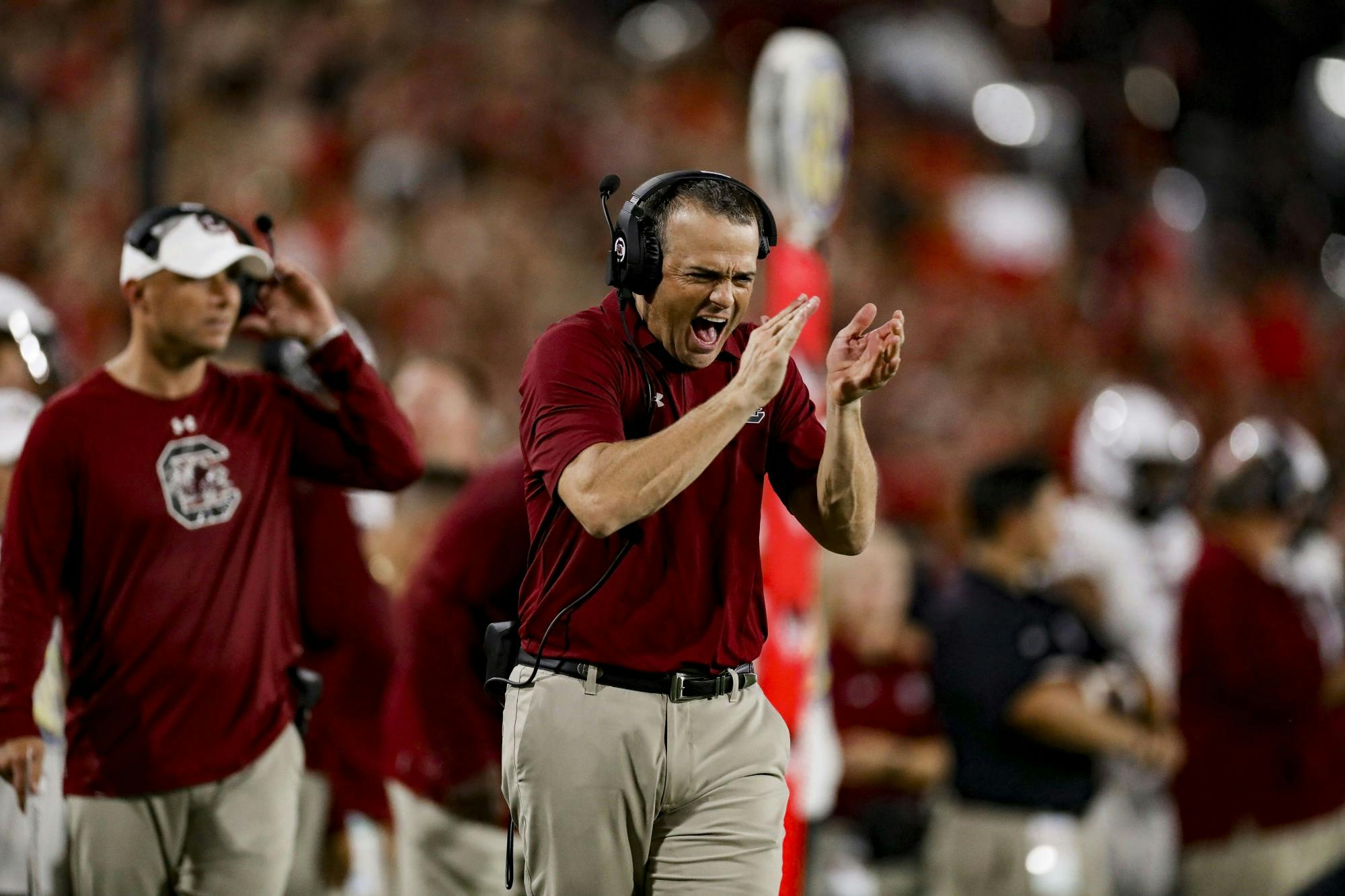 Head coach Shane Beamer celebrates a defensive stop in South Carolina's game against Georgia on Sept. 18, 2021.

