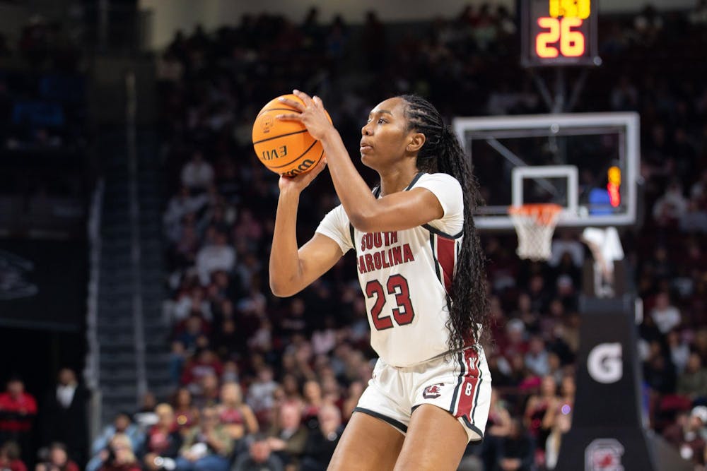 <p>Graduate guard Bree Hall attempts a shot during the game against Arkansas at home in Colonial Life Arena on Feb. 20, 2025. Hall has been a key player for the Gamecocks this season.</p>