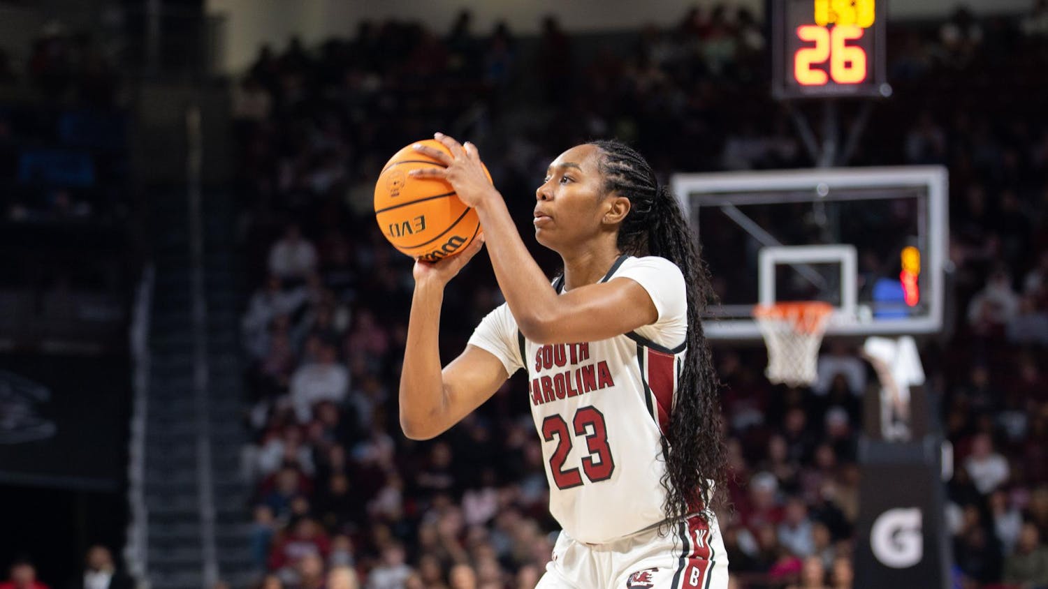 Graduate guard Bree Hall attempts a shot during the game against Arkansas at home in Colonial Life Arena on Feb. 20, 2025. Hall has been a key player for the Gamecocks this season.