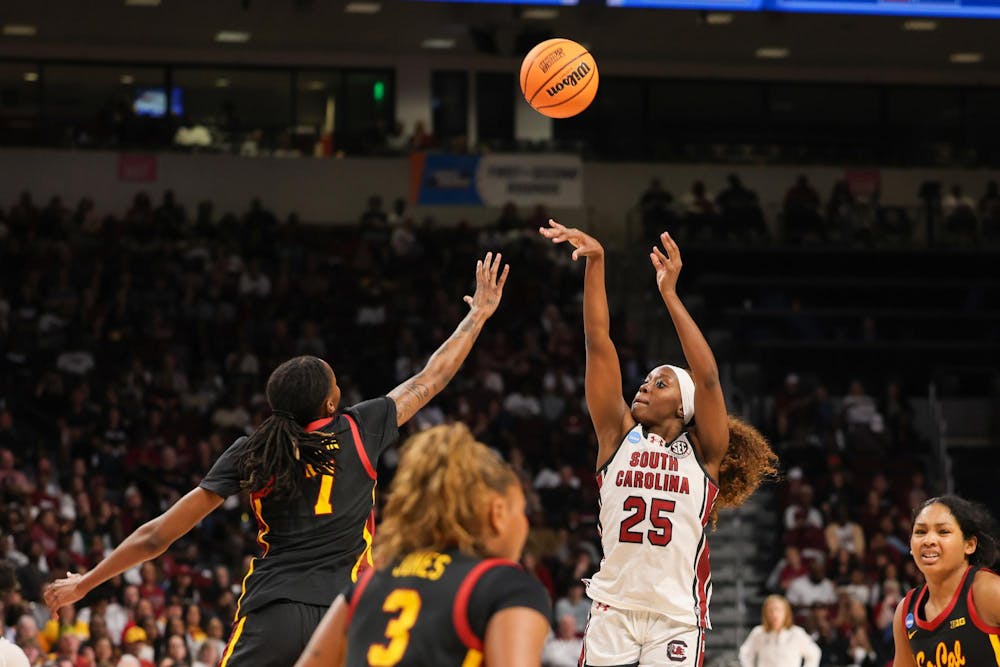 <p>Senior guard Raven Johnson shoots the ball during the NCAA Tournament matchup against Southern California on March 23, 2026. Johnson scored her 1000th career point during the game.</p>