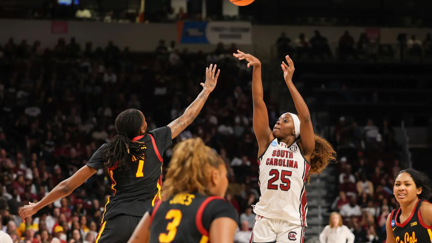 Senior guard Raven Johnson shoots the ball during the NCAA Tournament matchup against Southern California on March 23, 2026. Johnson scored her 1000th career point during the game.