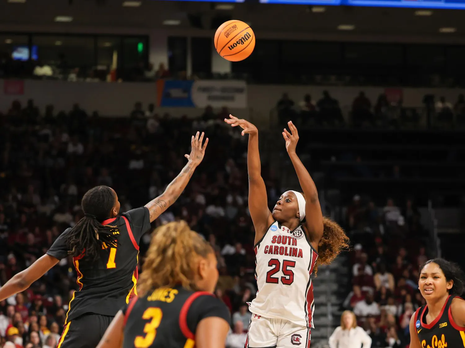 Senior guard Raven Johnson shoots the ball during the NCAA Tournament matchup against Southern California on March 23, 2026. Johnson scored her 1000th career point during the game.
