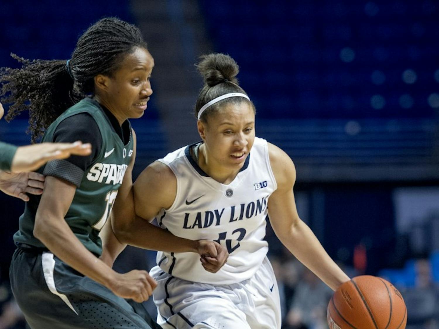 Michigan State's Morgan Green, left, keeps tabs on Penn State's Lindsey Spann on Thursday, Jan. 7, 2016, at the Bryce Jordan Center in University Park, Pa. Michigan State won, 71-55. (Abby Drey/Centre Daily Times/TNS)